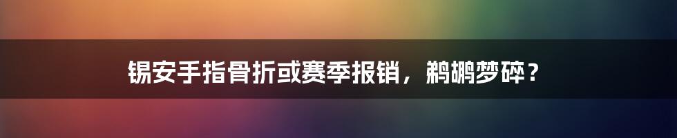 锡安手指骨折或赛季报销，鹈鹕梦碎？