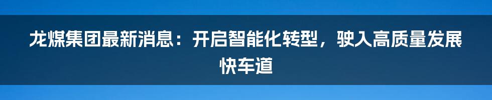 龙煤集团最新消息：开启智能化转型，驶入高质量发展快车道